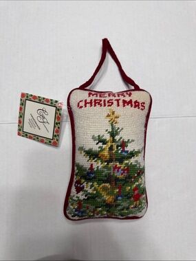 Merry Christmas Needlepoint Tree Hanging Ornament - Red Trim